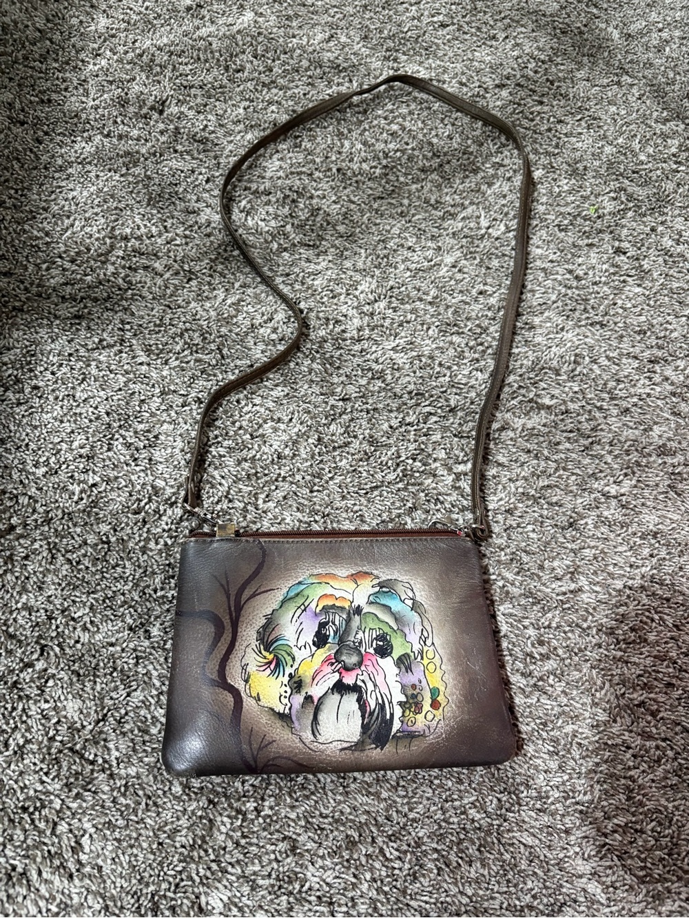 Brown Leather Crossbody Bag with Colorful Hand-Painted Dog Motif